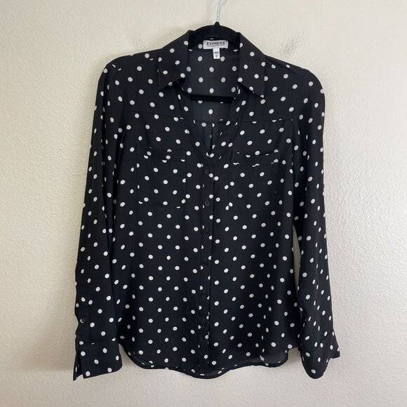 Express Portofino Shirt Womens XS Black White Polka Dot Roll Tab Sleeve Blouse - Picture 1 of 7
